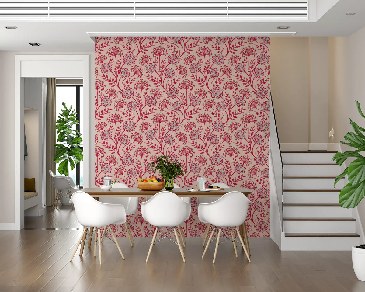 Danube Retro vintage bloemenbehang met zinnia en fluitenkruid in Viva Magenta-rood en Warm Sand
