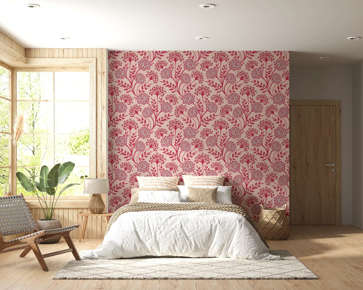 Danube Retro vintage bloemenbehang met zinnia en fluitenkruid in Viva Magenta-rood en Warm Sand