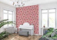 Danube Retro vintage bloemenbehang met zinnia en fluitenkruid in Viva Magenta-rood en Warm Sand