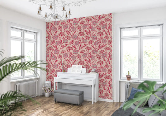 Danube retro-vintage blomstret tapet med zinnia og vild gulerod i viva magenta-rød og varm sand