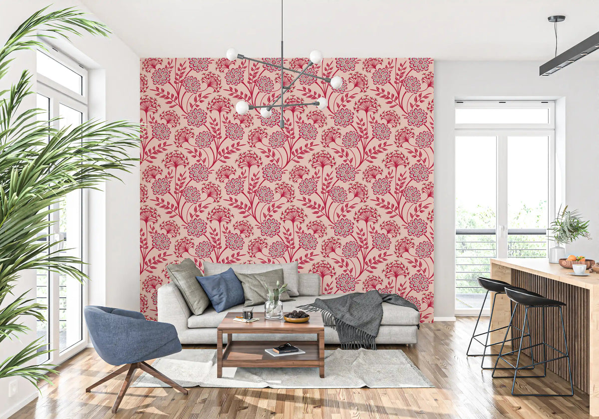 Danube Retro vintage bloemenbehang met zinnia en fluitenkruid in Viva Magenta-rood en Warm Sand