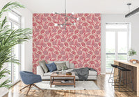 Danube Retro vintage bloemenbehang met zinnia en fluitenkruid in Viva Magenta-rood en Warm Sand