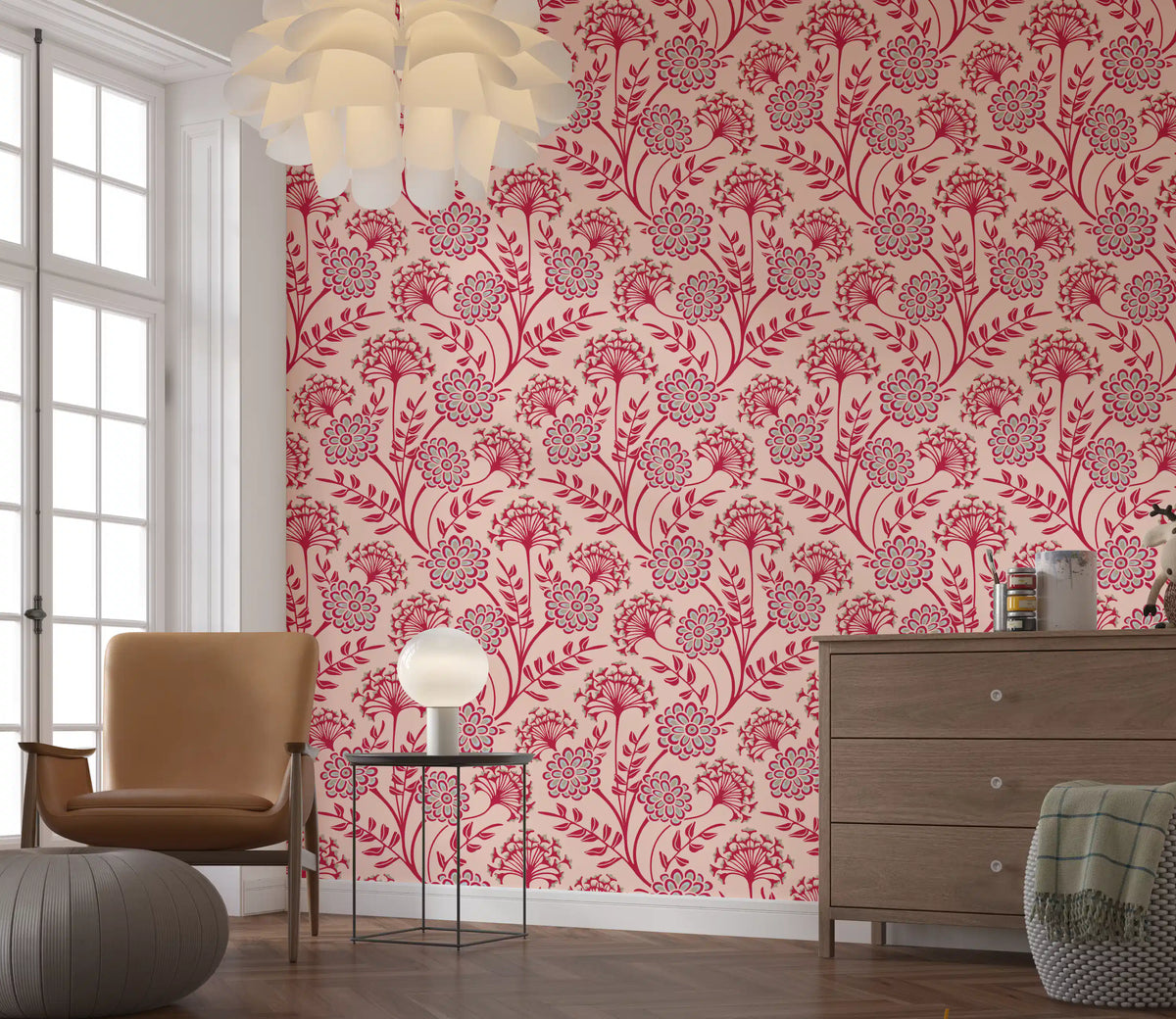 Danube Retro vintage bloemenbehang met zinnia en fluitenkruid in Viva Magenta-rood en Warm Sand