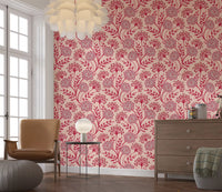 Danube Retro vintage bloemenbehang met zinnia en fluitenkruid in Viva Magenta-rood en Warm Sand