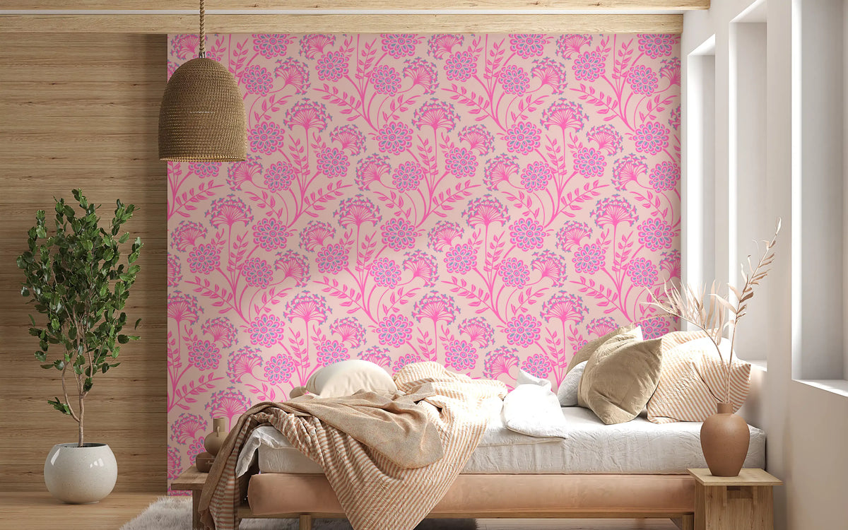 Danube Retro Vintage blomstret tapet med zinnia og vild kørvel i Pretty In Pink