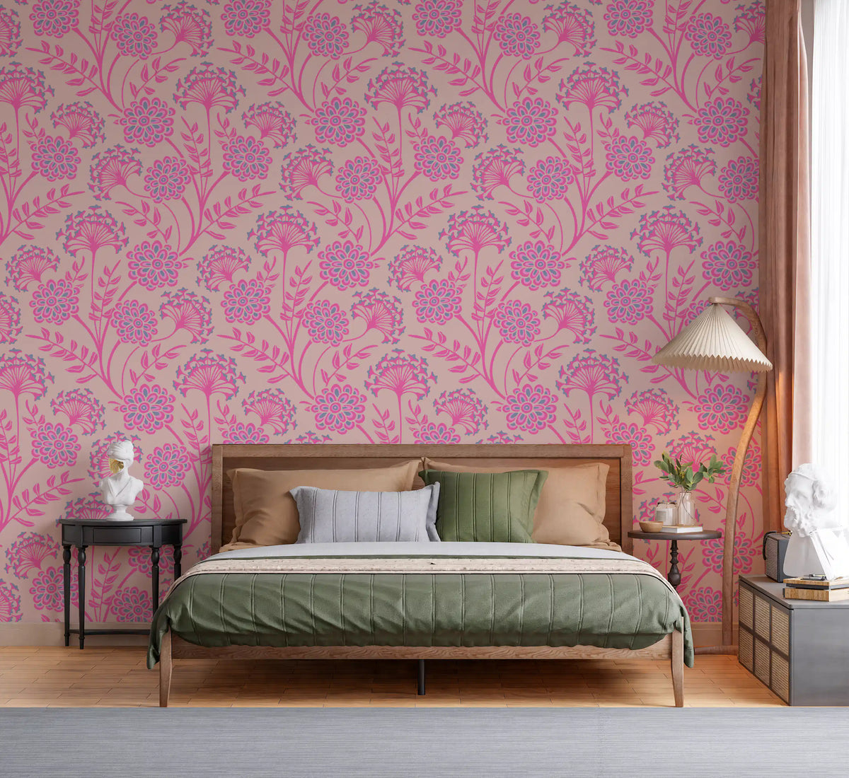Danube Retro Vintage blomstret tapet med zinnia og vild kørvel i Pretty In Pink