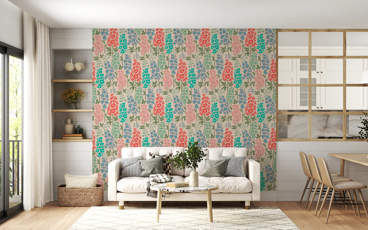 Delphinium Garden Retro sommerblomstret tapet i klare farver