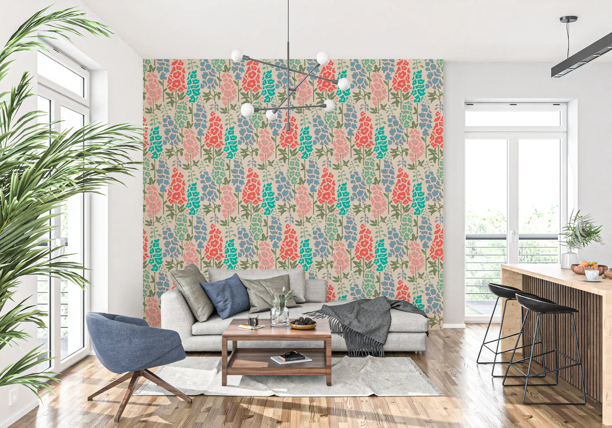 Delphinium Garden Retro sommerblomstret tapet i klare farver