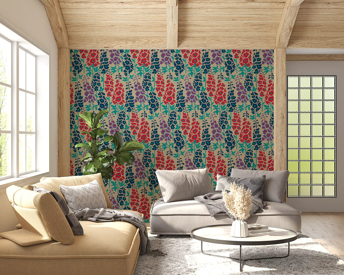 Papier peint fleuri estival rétro Delphinium Garden, bleu marine, rouge et violet⁠