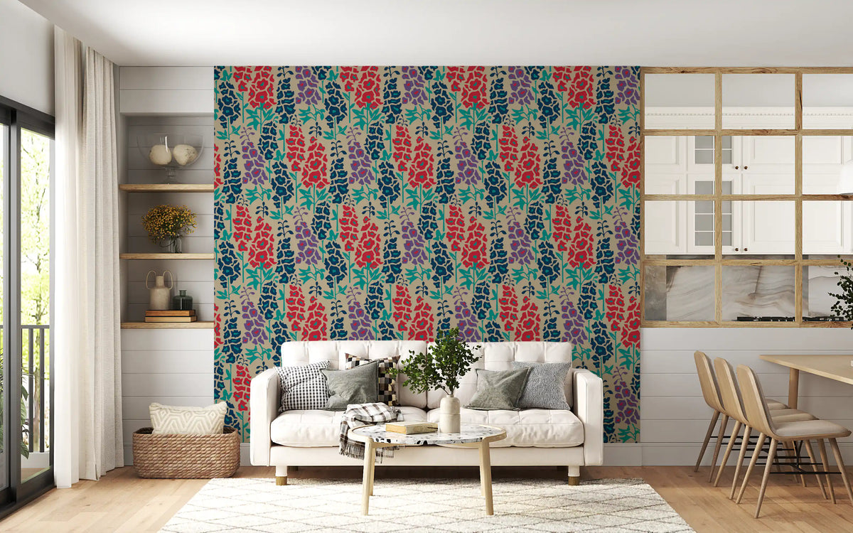 Papier peint fleuri estival rétro Delphinium Garden, bleu marine, rouge et violet⁠