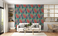 Papier peint fleuri estival rétro Delphinium Garden, bleu marine, rouge et violet⁠