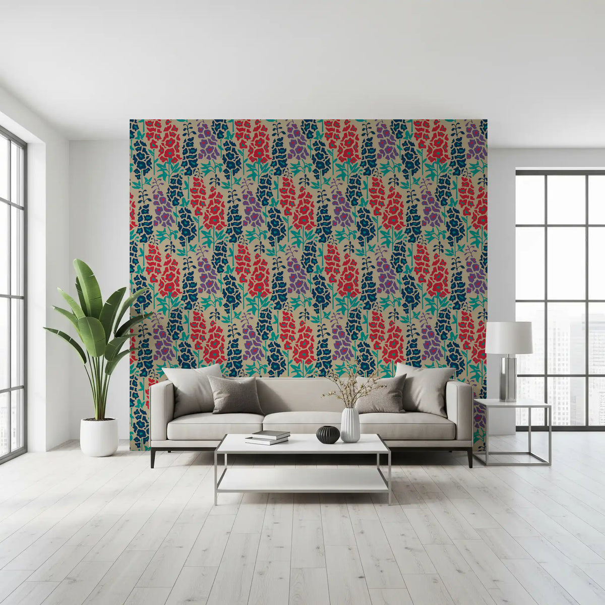 Papier peint fleuri estival rétro Delphinium Garden, bleu marine, rouge et violet⁠