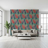Papier peint fleuri estival rétro Delphinium Garden, bleu marine, rouge et violet⁠
