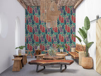 Papier peint fleuri estival rétro Delphinium Garden, bleu marine, rouge et violet⁠