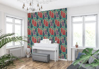 Papier peint fleuri estival rétro Delphinium Garden, bleu marine, rouge et violet⁠