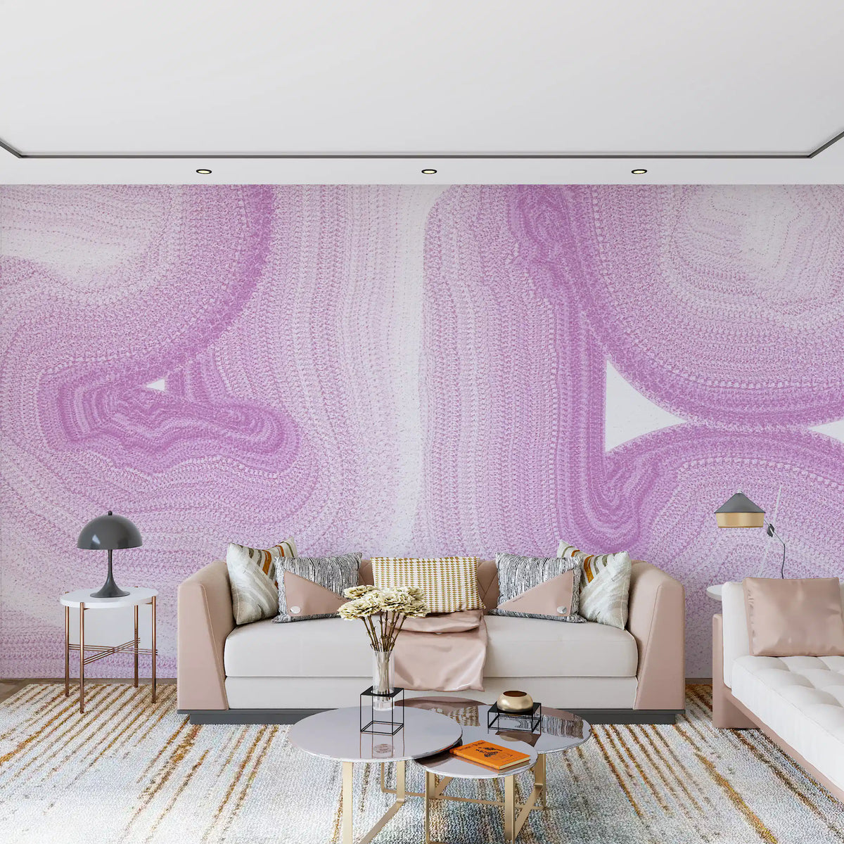 Papier peint panoramique mural représentant un doux mouvement de marbre fluide lavande