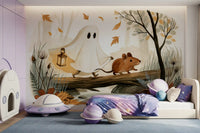 Little Ghost and Mouse Walk the Autumn Forest Wall Mural