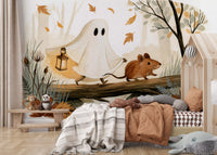 Little Ghost and Mouse Walk the Autumn Forest Wall Mural