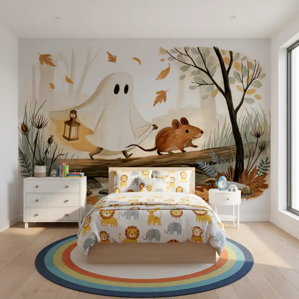 Little Ghost and Mouse Walk the Autumn Forest Wall Mural