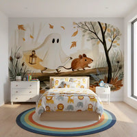 Little Ghost and Mouse Walk the Autumn Forest Wall Mural