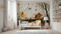 Little Ghost and Mouse Walk the Autumn Forest Wall Mural