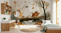 Little Ghost and Mouse Walk the Autumn Forest Wall Mural