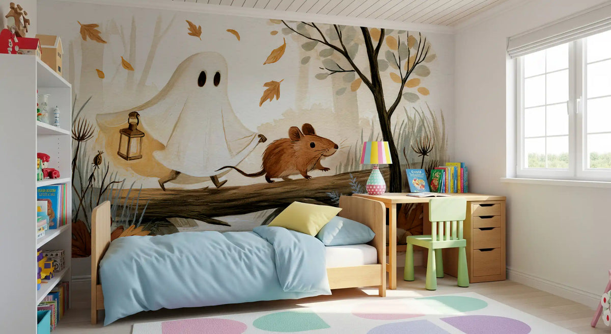 Little Ghost and Mouse Walk the Autumn Forest Wall Mural