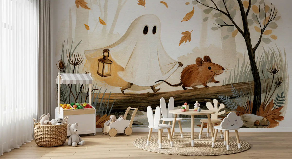 Little Ghost and Mouse Walk the Autumn Forest Wall Mural