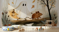 Little Ghost and Mouse Walk the Autumn Forest Wall Mural