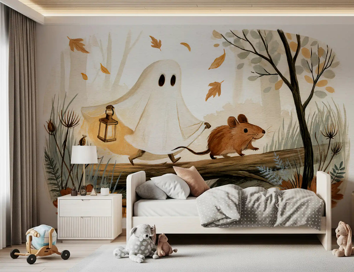 Little Ghost and Mouse Walk the Autumn Forest Wall Mural