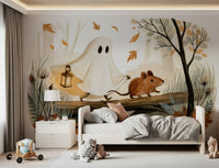 Little Ghost and Mouse Walk the Autumn Forest Wall Mural