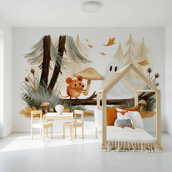 Little Ghost and Mouse in Scandinavian Forest Wall Mural