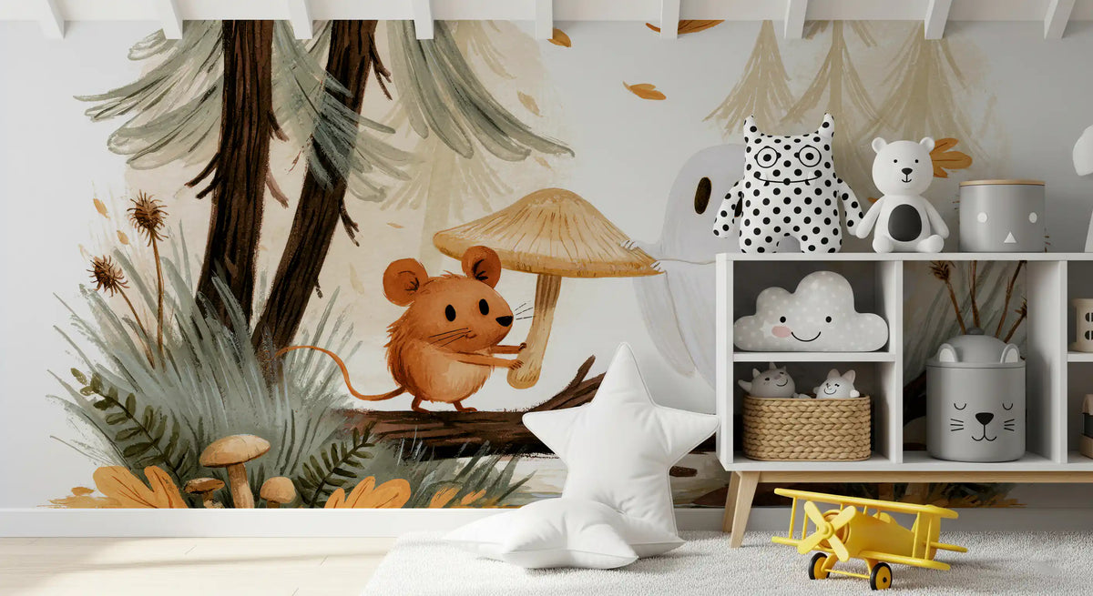 Little Ghost and Mouse in Scandinavian Forest Wall Mural