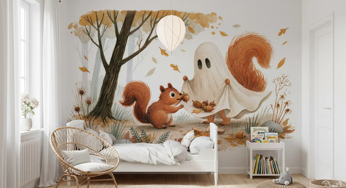 Little Ghost and Squirrel Share Autumn Acorns Wall Mural