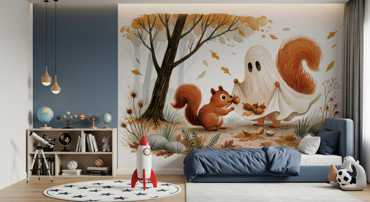 Little Ghost and Squirrel Share Autumn Acorns Wall Mural