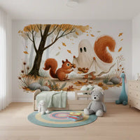 Little Ghost and Squirrel Share Autumn Acorns Wall Mural