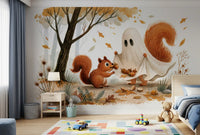 Little Ghost and Squirrel Share Autumn Acorns Wall Mural