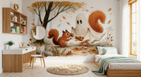 Little Ghost and Squirrel Share Autumn Acorns Wall Mural