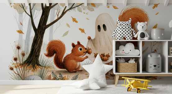 Little Ghost and Squirrel Share Autumn Acorns Wall Mural