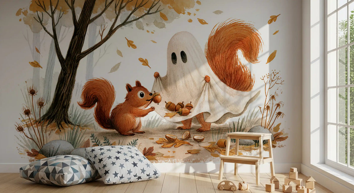 Little Ghost and Squirrel Share Autumn Acorns Wall Mural