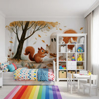 Little Ghost and Squirrel Share Autumn Acorns Wall Mural
