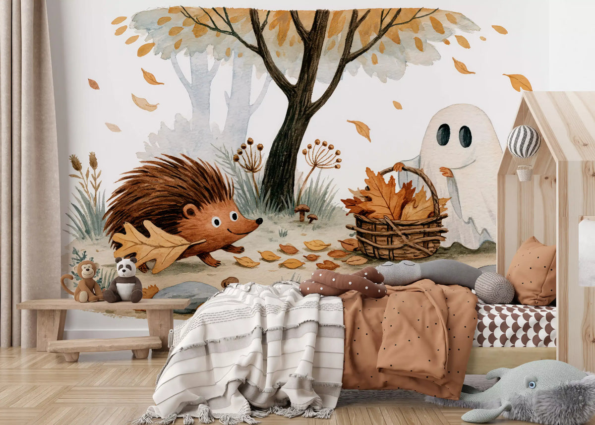 Little Ghost and Hedgehog Gather Fall Leaves Wall Mural