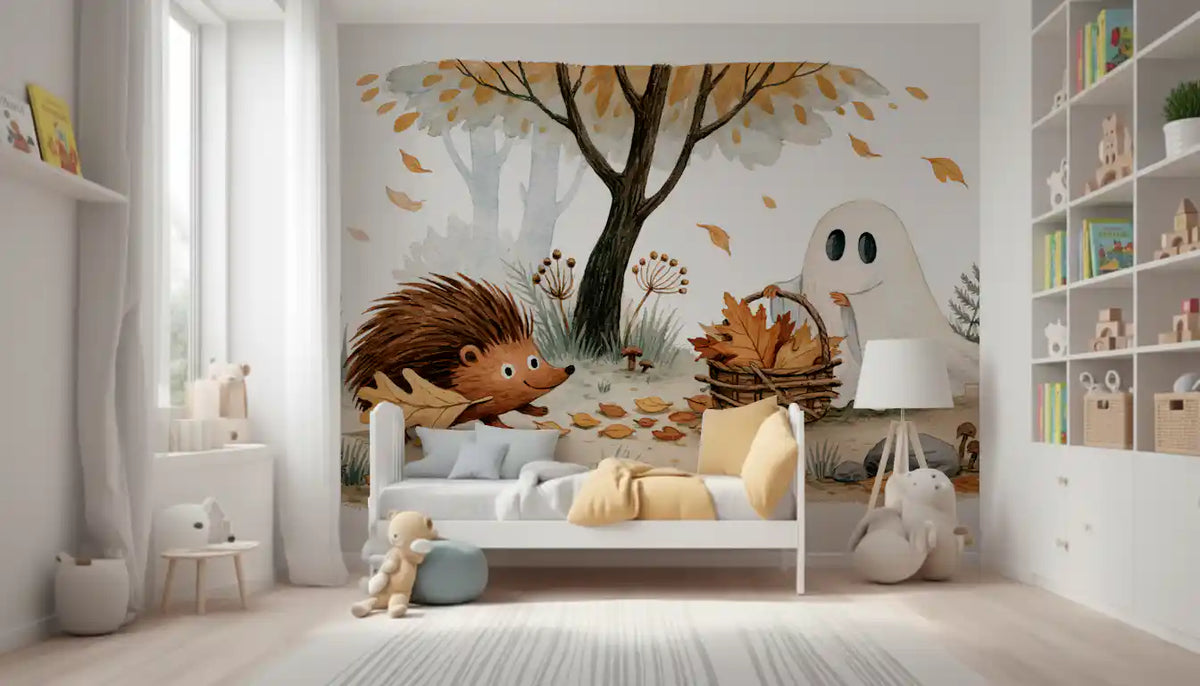 Little Ghost and Hedgehog Gather Fall Leaves Wall Mural