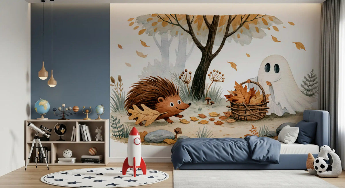 Little Ghost and Hedgehog Gather Fall Leaves Wall Mural