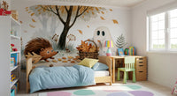 Little Ghost and Hedgehog Gather Fall Leaves Wall Mural
