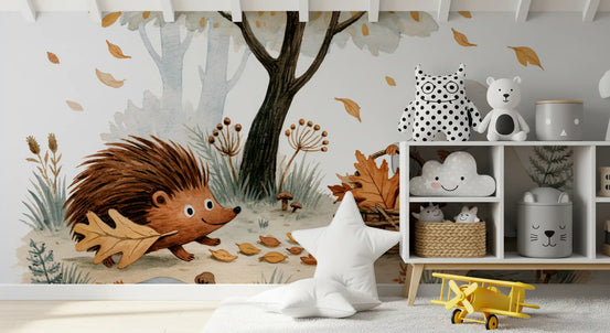 Little Ghost and Hedgehog Gather Fall Leaves Wall Mural