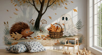 Little Ghost and Hedgehog Gather Fall Leaves Wall Mural