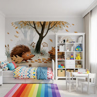 Little Ghost and Hedgehog Gather Fall Leaves Wall Mural