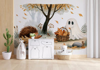 Little Ghost and Hedgehog Gather Fall Leaves Wall Mural
