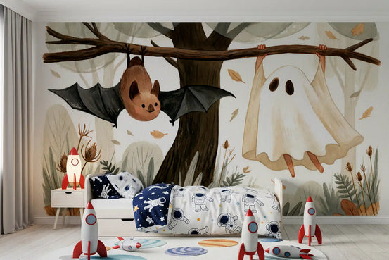 Little Ghost and Bat in Scandinavian Woodland Wall Mural